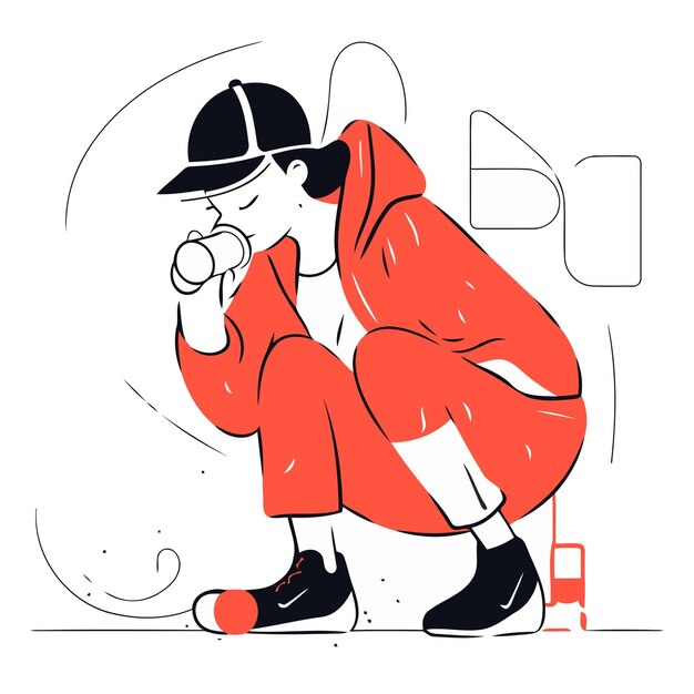 Vector vector illustration of a man in a raincoat and hat drinking coffee