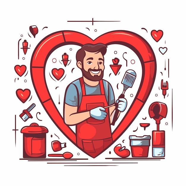 Vector illustration of a man in a red apron with a brush in the shape of a heart