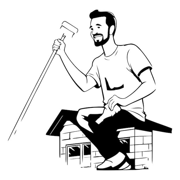 Vector illustration of a man on the roof with a paint roller