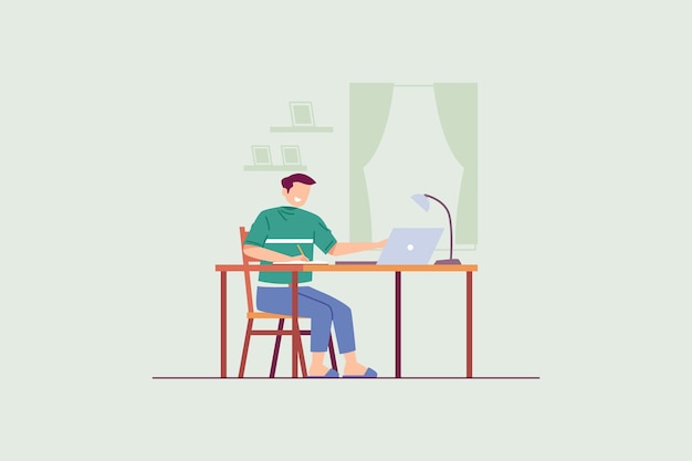 ノート パソコンでオンライン学習をしている男性のベクトル イラスト