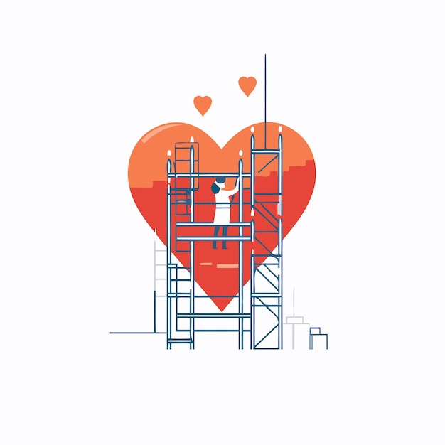 Vector illustration of a man on a scaffolding The concept of Valentines Day