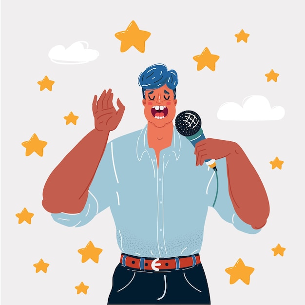 Vector illustration of man sings into the mic song and star around him Character on white background