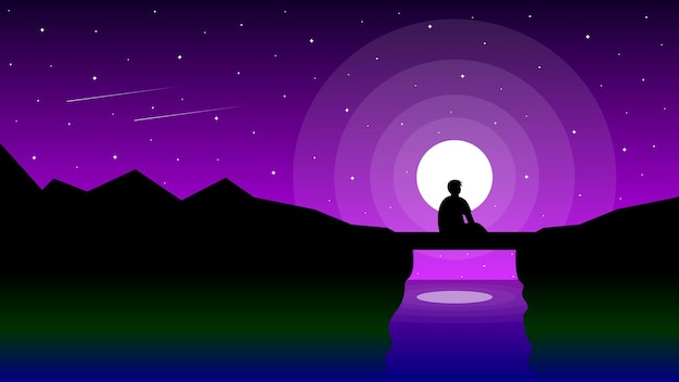 Vettore illustrazione vettoriale di un uomo seduto su un ponte che guarda le stelle e il chiaro di luna di notte