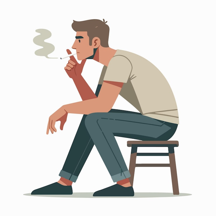 Vector vector illustration of a man sitting pensive while smoking