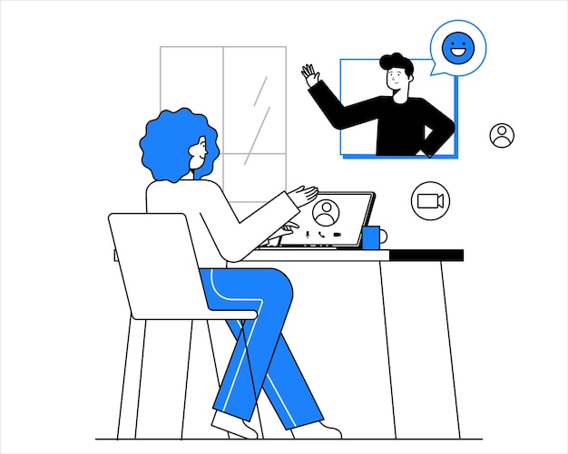 Векторная иллюстрация человека, сидящего за столом с ноутбуком и разговаривающего с клиентом