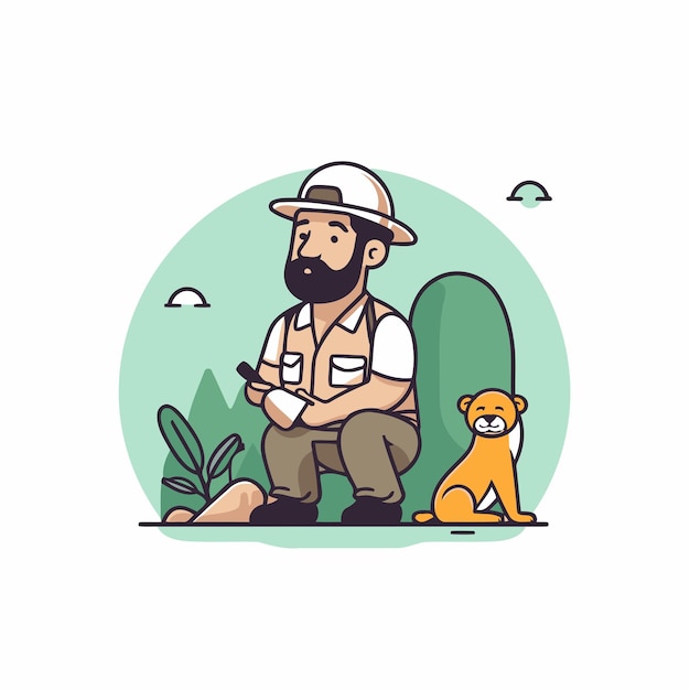 Vector illustration of a man sitting with a dog in the park