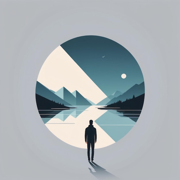 vector illustration of a man standing on the lake in the evening in winter vector illustration