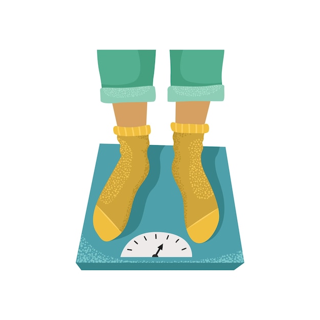 Vector vector illustration of a man standing on a scale weighing excess weight