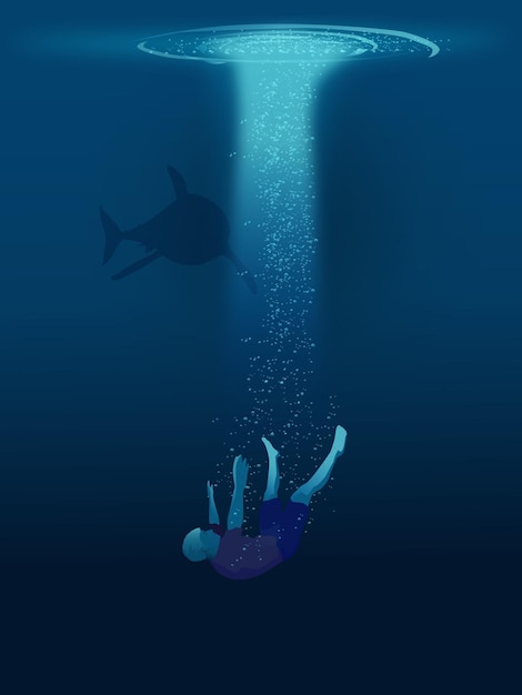 Vector illustration man submerged in the sea next to marine shark