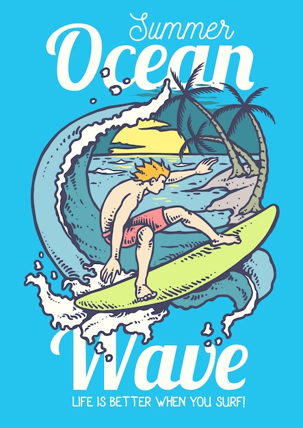 Vector Illustration of Man Surfing On The Ocean