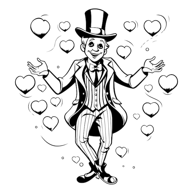 vector illustration of a man in a top hat and a top hat with hearts