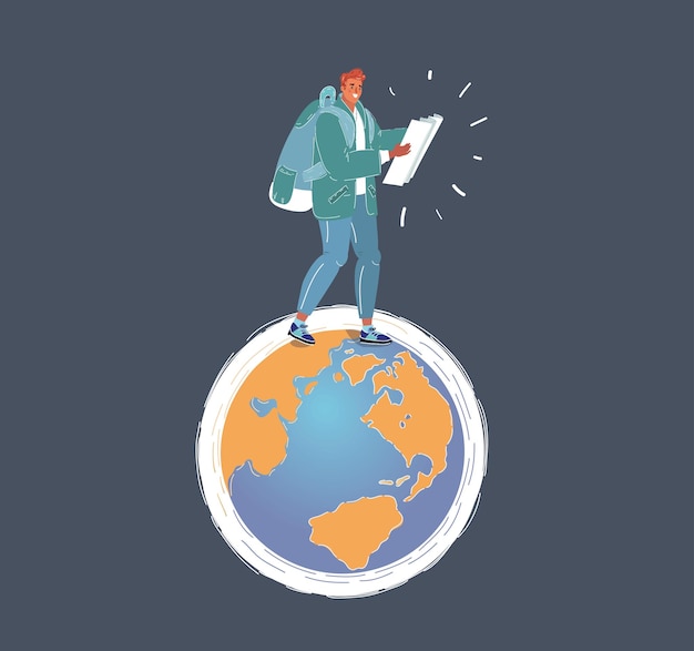 Vector vector illustration of man traveler with backpack walking in amazing mountains and forest wanderlust travel concept character steps on tiny earth globe on dark background