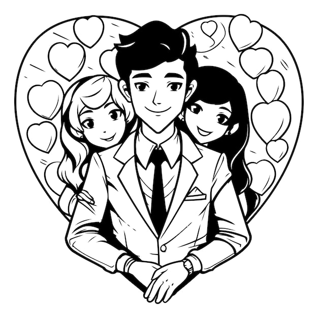Векторная иллюстрация влюбленного мужчины и двух женщин, держащихся за руки