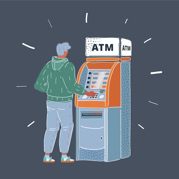 Vector illustration of man using cash atm machine at night Character and object on dark isolated background