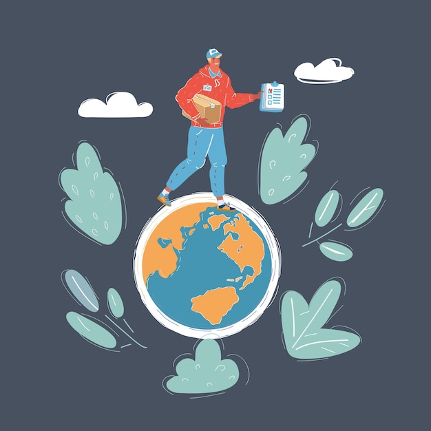 Vector illustration of man walking on the earth globe on dark backround