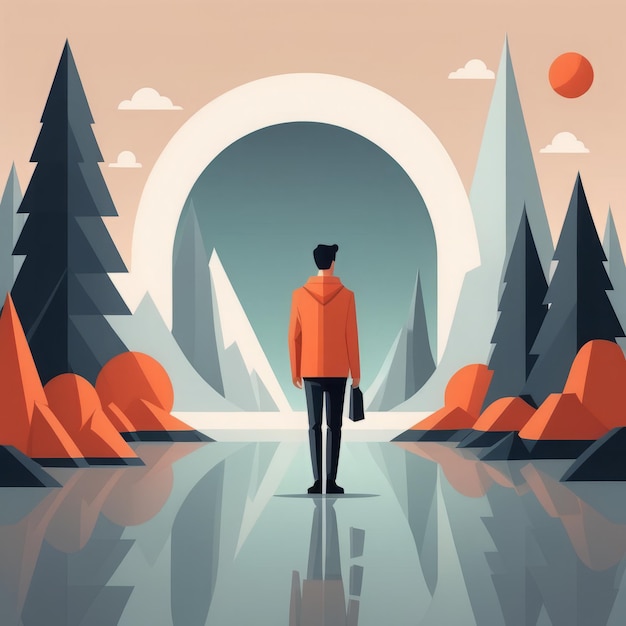 vector illustration of a man with a backpack on the background of the mountain vector illustrat