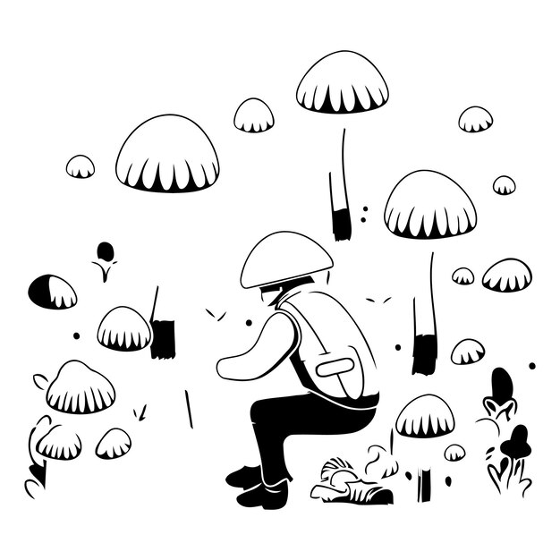 Illustrazione vettoriale di un uomo con uno zaino e funghi nella foresta