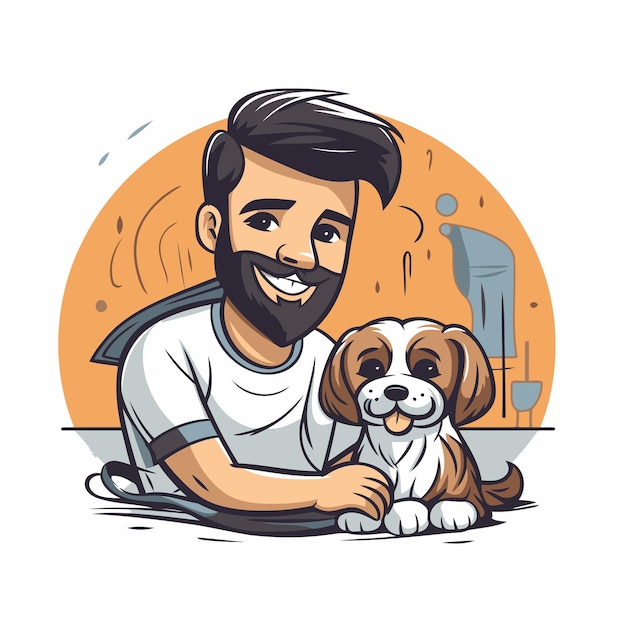 Векторная иллюстрация человека с бородой и усами, сидящего со своей собакой