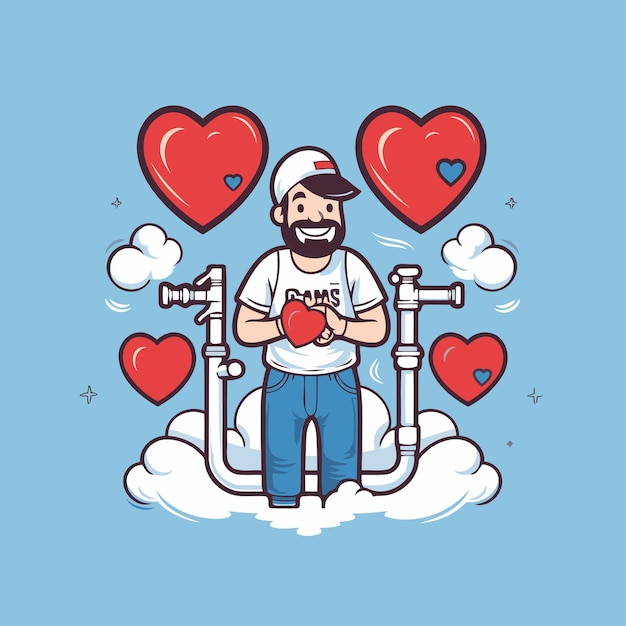 Vector illustration of a man with a heart in the clouds Valentines day concept