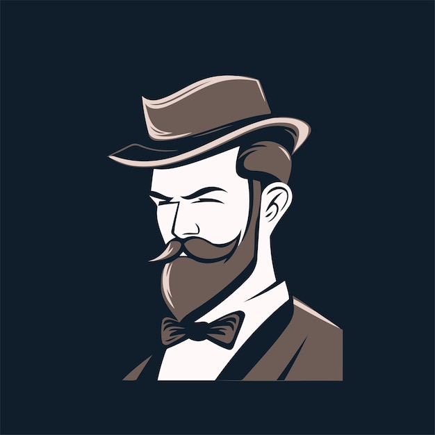 Vector illustration of a man with a mustache in a hat and bow tie