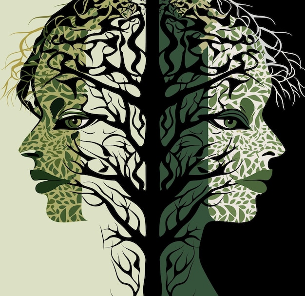 Vector illustration of a man with a tree in the background human head silhouette