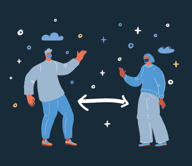 Vector vector illustration of man and woman in mask try to keep distance between them over dark backround