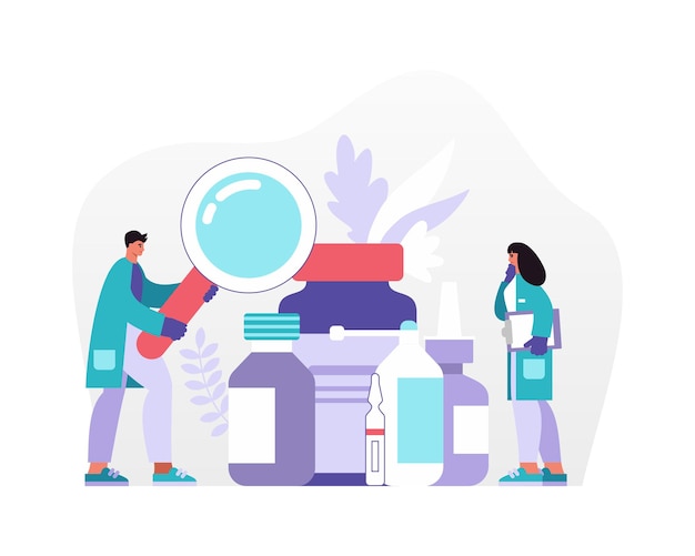 Vector vector illustration of man and woman in medical uniform using magnifying glass to inspect containers of various medications in hospital