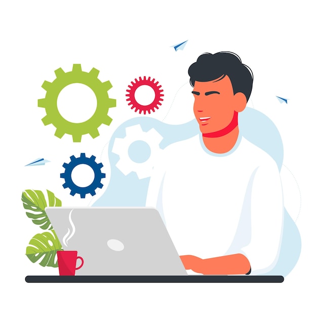 Vector illustration of a man working at a laptop. freelance. promotion in the network. manager at remote work. business mechanism, abstract background with gears, business promotion, strategy analysis