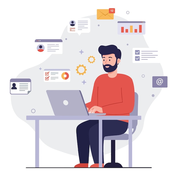 Vector illustration of a man working on a laptop surrounded by technology icons