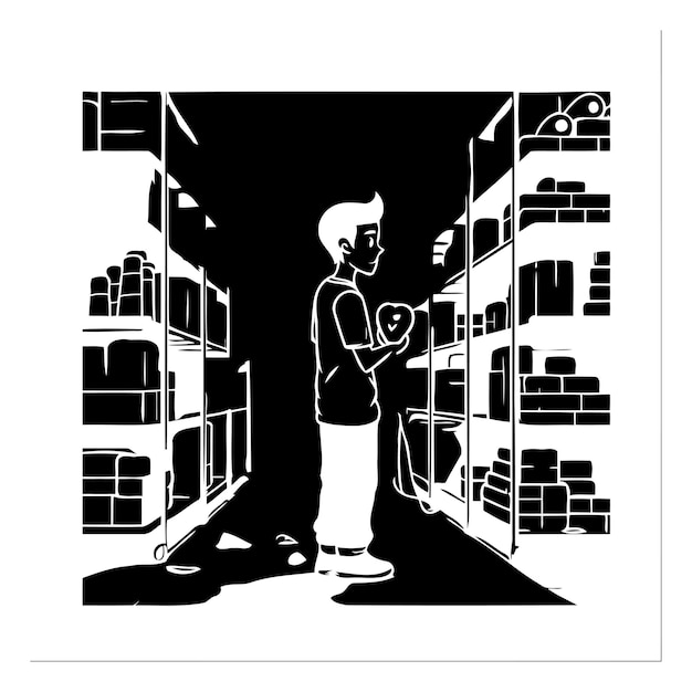 Vector illustration of a man working in a warehouse with boxes and boxes