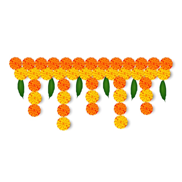 メリゴールドの花とマンゴーの葉のベクトルイラスト 祭り中のドアの花束トーラン