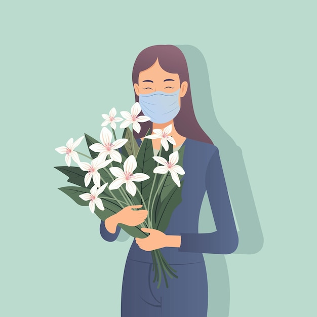 Vector illustration of mask wearing modern woman holding flower bouquet