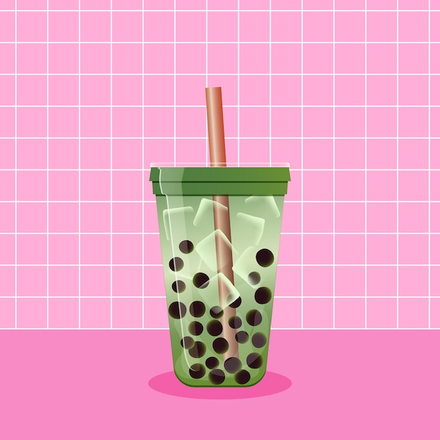 Vettore illustrazione vettoriale del tè a bolle di matcha in tazza di plastica