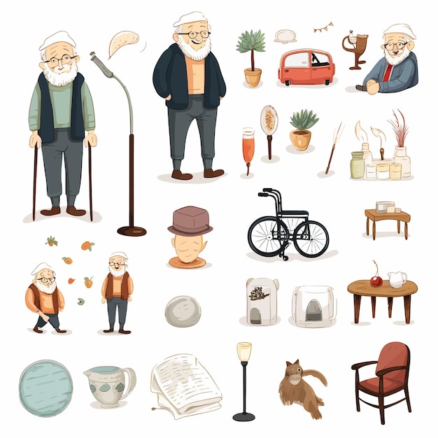 Vector illustration material senior person set elderly old man collection