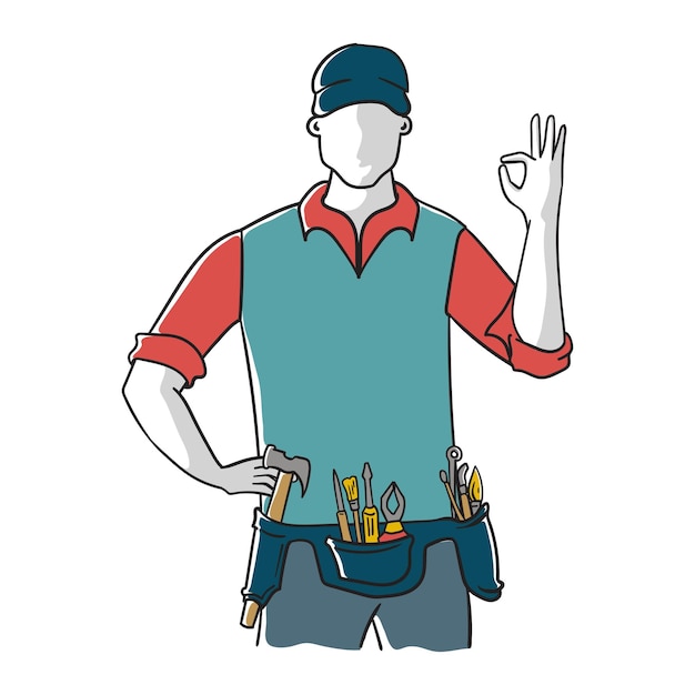 Vector vector illustration of mechanic builder with ok sign ready to repairing