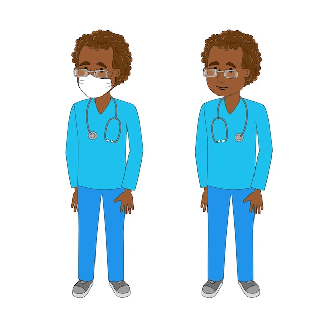 Vector illustration of medical person character in medical face mask african american man doctor