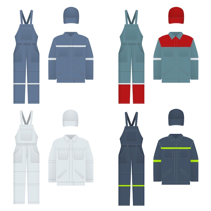 Vector 男性のオーバーオールのベクトルイラスト。デニムスタイルの服、白、青。労働者、整備士、運転手、ローダー、整備士のためのユニフォーム。デザインテンプレートベクトルイラスト