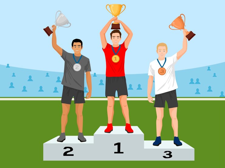 वेक्टर vector illustration of men stand on the award winners podium and hold the winner's cups.