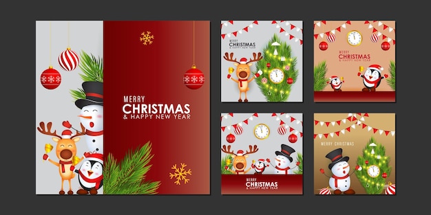 Vector illustration of Merry Christmas and Happy New Year social media post square template set