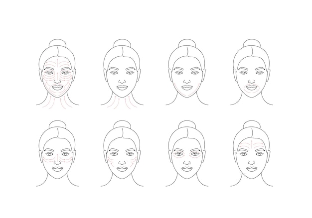 Vector vector illustration method fo face massage. female face with arrow lines. facial beauty treatment.