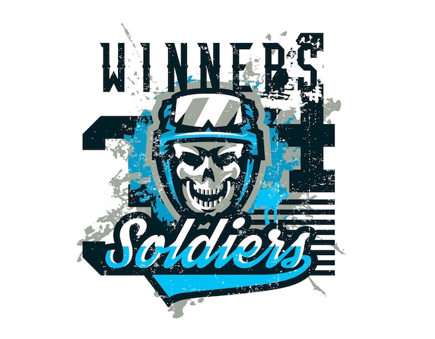 Illustrazione vettoriale su un tema militare teschio guerriero soldato nel casco lettering di testo effetto grunge tipografia tshirt grafica stampa banner poster flyer