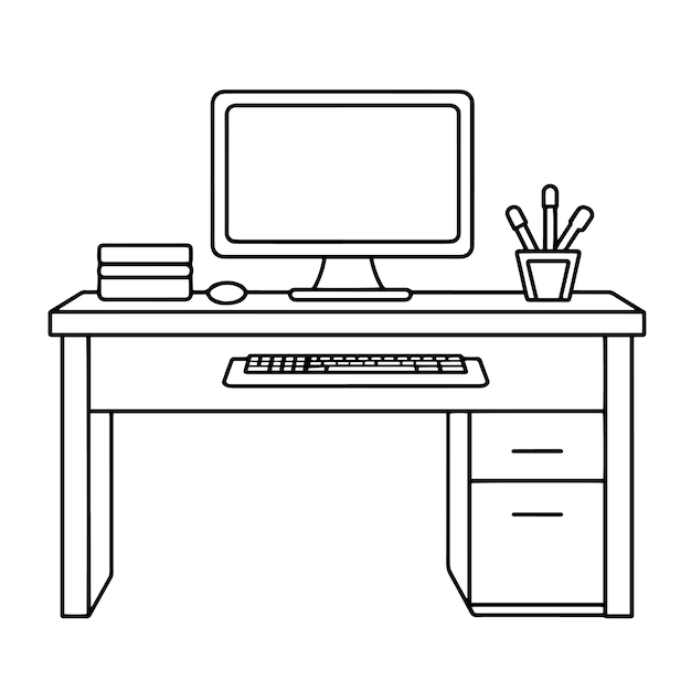 Vector illustration of a minimalist desktop with computer outline icon perfect for office setups