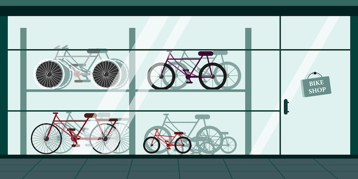 वेक्टर vector illustration of modern bike shop cartoon urban buildings with counters for large and children's bicycles