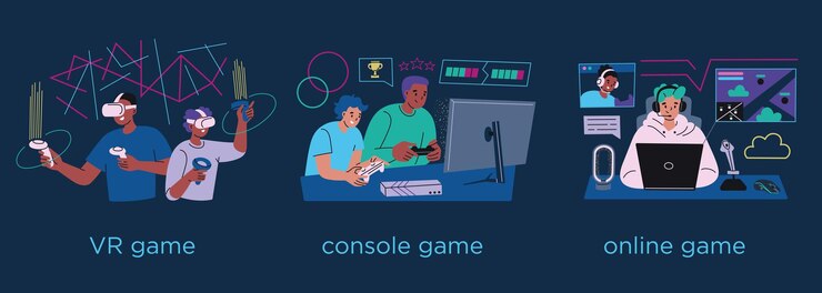 Vector vector illustration of modern gaming scenes vr console and online gaming with players immersed in