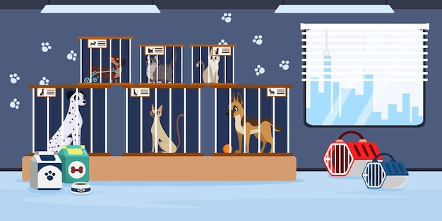 Vector illustration of modern interior animal shelter Cartoon interior with dogs and cats in cages food portable cages window with access to the city