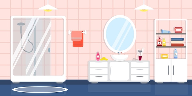 Illustrazione vettoriale di un moderno bagno interno interni in cartone animato con doccia lavabo scaldasalviette comodini armadio specchio oggetti personali