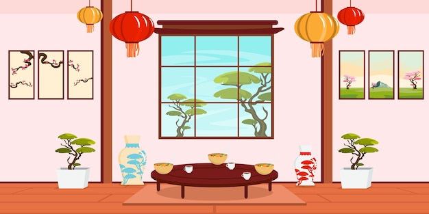 Vector vector illustration of modern interior chinese and japanese rooms cartoon interior with asian table lamps vases flowerpots paintings food and tea