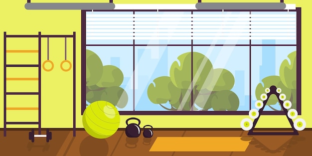 Vettore illustrazione vettoriale della moderna palestra interna interni in cartone animato con parete svedese kettlebell fitness ball finestra con accesso alla città