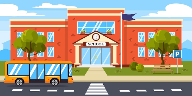 Vector vector illustration of modern schools cartoon urban buildings with parked school bus benches flags trees and a city in the background