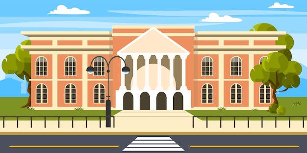 Vector vector illustration of modern university cartoon urban buildings with fence lanterns trees and city in the background